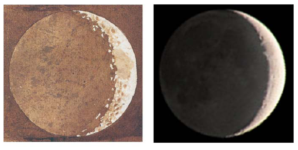 Fig. 3. A sinistra, uno degli acquerelli dipinti da Galileo per illustrare le sue osservazioni telescopiche, da cui appare chiaramente la debole luce che illumina la parte oscura della luna; a destra, una foto moderna che coglie lo stesso fenomeno. 