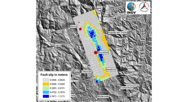 Localizzazione preliminare del piano di faglia che ha generato il terremoto di Amatrice. Il rettangolo rappresenta la proiezione in superficie del piano di frattura, i colori indicano la quantità di scorrimento avvenuto durante la frattura (valori in metri). Sono mostrati anche i due eventi maggiori della sequenza al 25/8 (pentagoni rossi) e tutte le repliche fino al 25/8 (cerchi bianchi).