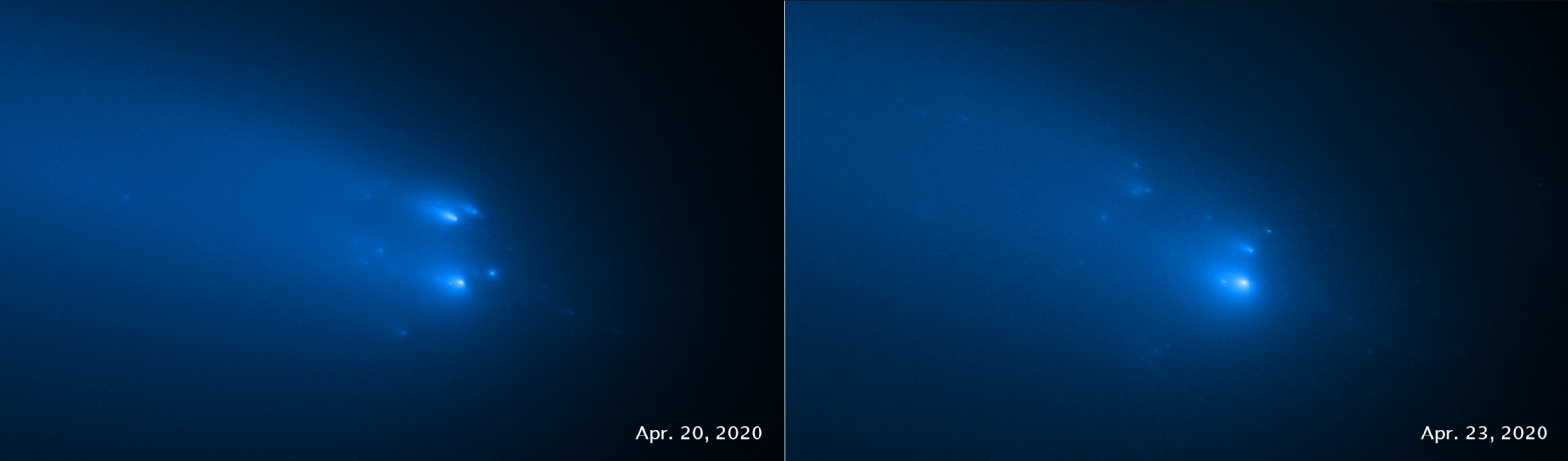 Gli scatti spettacolari immortalano la frammentazione del nucleo della cometa che comunque prosegue il suo viaggio nel Sistema solare interno. È un evento molto raro per gli astronomi, che sperano di ricavare informazioni maggiori sulla dinamica del fenomeno